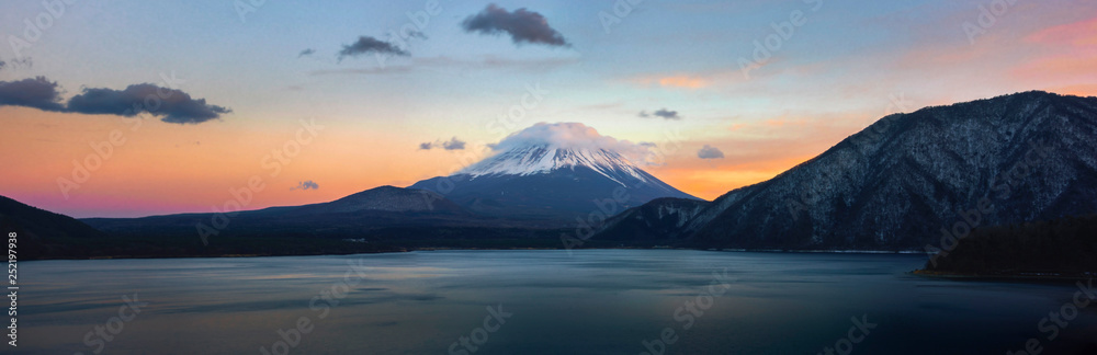 Beautiful Fuji mountain on evening  with cold weather at lake side
