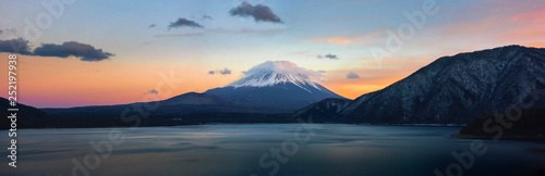 Beautiful Fuji mountain on evening with cold weather at lake side