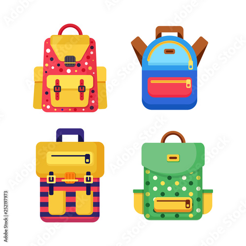 School backpack set. Kids rucksack, knapsack isolated on white background. Bag with supplies, ruler, pencil, paper. Pupil satchel. Children education, back to school concept. Vector flat illustration
