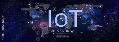  Concept Internet of things  devices and connectivity concepts on a network. Spider web of network connections with on a futuristic blue background. In the style of HUD UI GUI.  