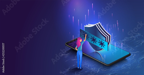 Protection of personal data. Girl enters password. Log in form concept illustration of information security and access to social networks accounts and personal data.