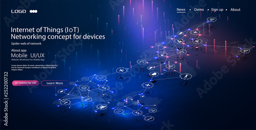 Internet of things (IoT) and networking concept for connected devices. Spider web of network connections with on a futuristic blue background.
