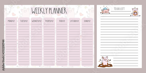 Weekly planner and to do list with cute pigs,