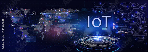 Internet of things (IOT), devices and connectivity concepts on a network. Spider web of network connections with on a futuristic blue background. IOT icons