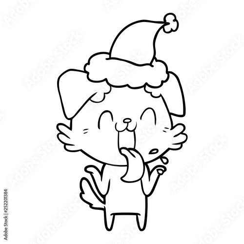 line drawing of a panting dog shrugging shoulders wearing santa hat