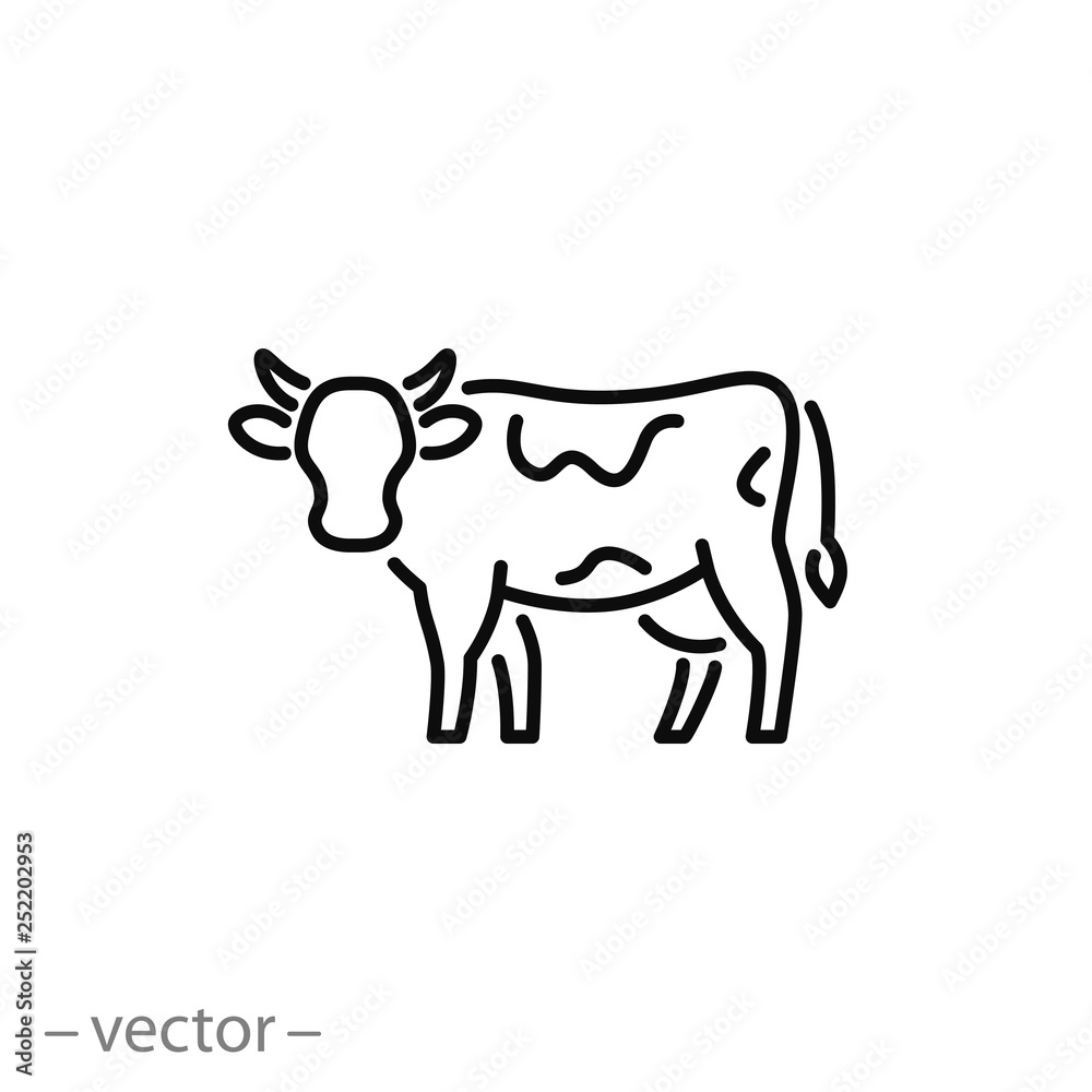 cow icon, farm animal line sign isolated on white background - editable stroke vector illustration eps10