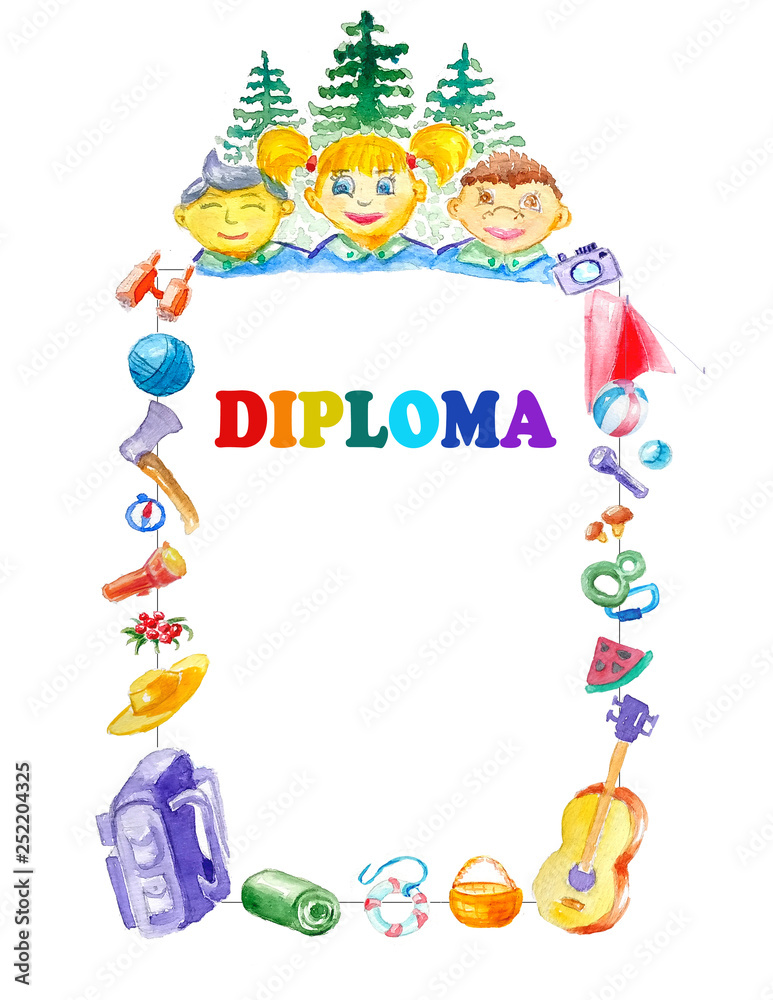 Template for diploma for tourist and scout theme with happy kids and tourist attributes, relaxing in a summer camp. Watercolor. A4 paper format. Template for diploma for tourist and scout theme with happy kids and tourist attributes, relaxing in a summer camp. Watercolor. A4 paper format.