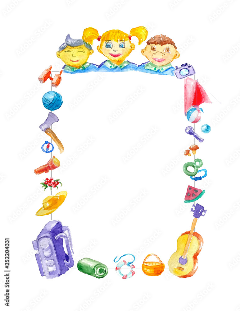 Template for diploma, certificate, awards for tourist and scout theme with happy kids and tourist attributes, relaxing in a summer camp. Watercolor. A4 paper format. Template for diploma, certificate, awards for tourist and scout theme with happy kids and tourist attributes, relaxing in a summer camp. Watercolor. A4 paper format.