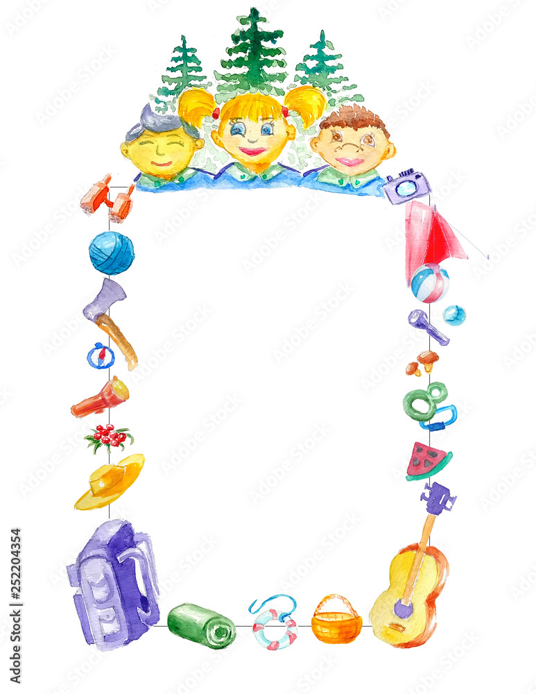 Template for diploma, certificate, awards for tourist and scout theme with happy kids and tourist attributes, relaxing in a summer camp. Watercolor. A4 paper format. Template for diploma, certificate, awards for tourist and scout theme with happy kids and tourist attributes, relaxing in a summer camp. Watercolor. A4 paper format.