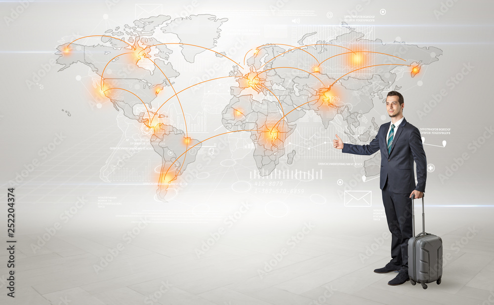 Businessman in dark suit hitchhike to business trip in a front of a map with destination Businessman in dark suit hitchhike to business trip in a front of a map with destination