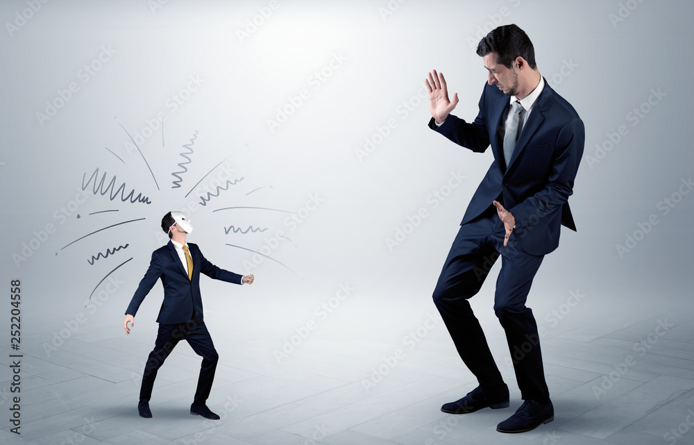 Conflict between small masked businessman and big elegant businessman
Conflict between small masked businessman and big elegant businessman