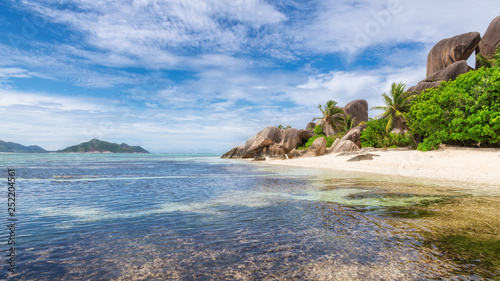 Panoramic view of exotic beach of Seychelles, La Digue island, Anse Source d'Argen beach.