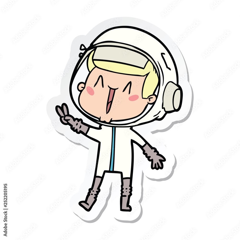 sticker of a happy cartoon astronaut giving peace sign