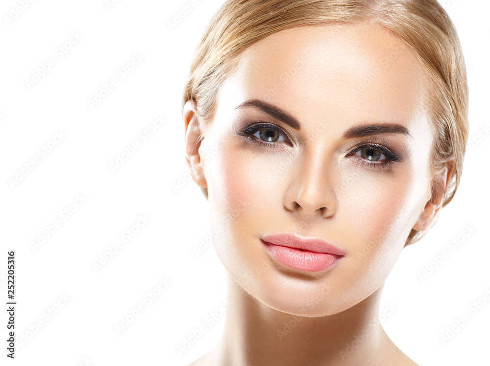 Beautiful woman blonde hair face close up portrait studio on white Beautiful woman blonde hair face close up portrait studio on white