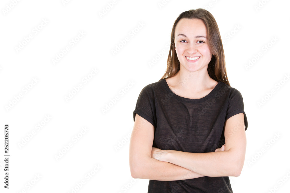 Smiling beautiful woman portrait with copy space arms crossed Smiling beautiful woman portrait with copy space arms crossed