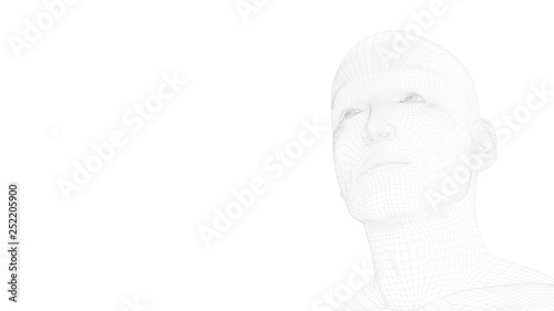 Fotografie head of a man in wireframe without hair, artificially generated face by a software, interpretation of the human face elaborated by a computer