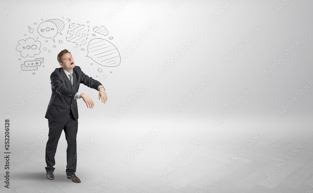 Sleeping sickness young businessman with questions, staffs in his head Sleeping sickness young businessman with questions, staffs in his head