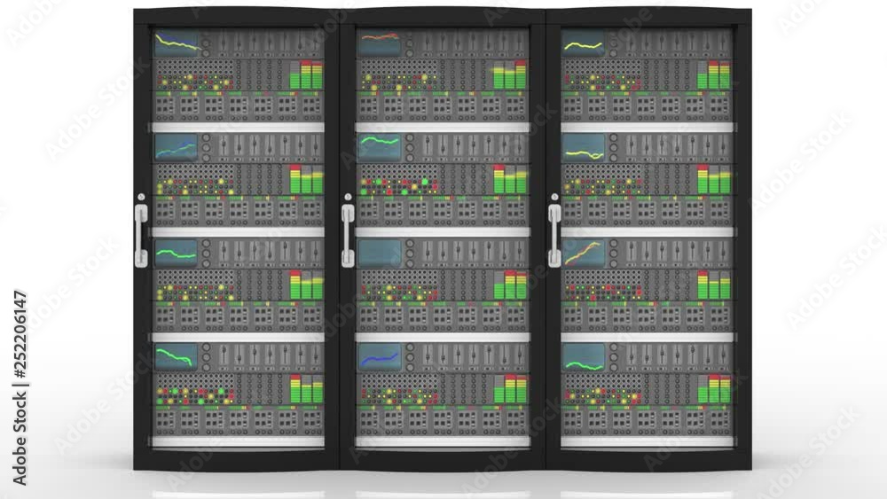 Animazione illustrazione 3D. Server computer dati.. Connessione e archiviazione dati computer, applicazioni..