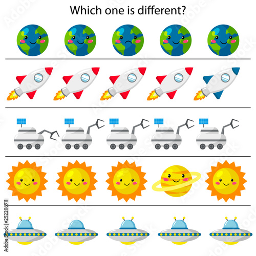 Educational game for children. What is different. Cute cartoon rocket, sun, planet earth, moon loader and UFO. Space theme. Vector illustration.