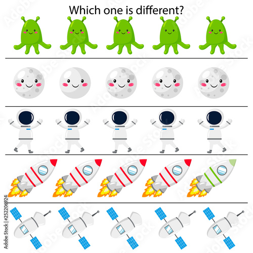 Educational game for children. What is different. Cute cartoon rocket, astronaut, moon, aliens and satellite. Space theme. Vector illustration.