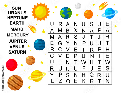 Educational game for kids. Word search game. Space theme. Solar system. Learning planets. Vector illustration.