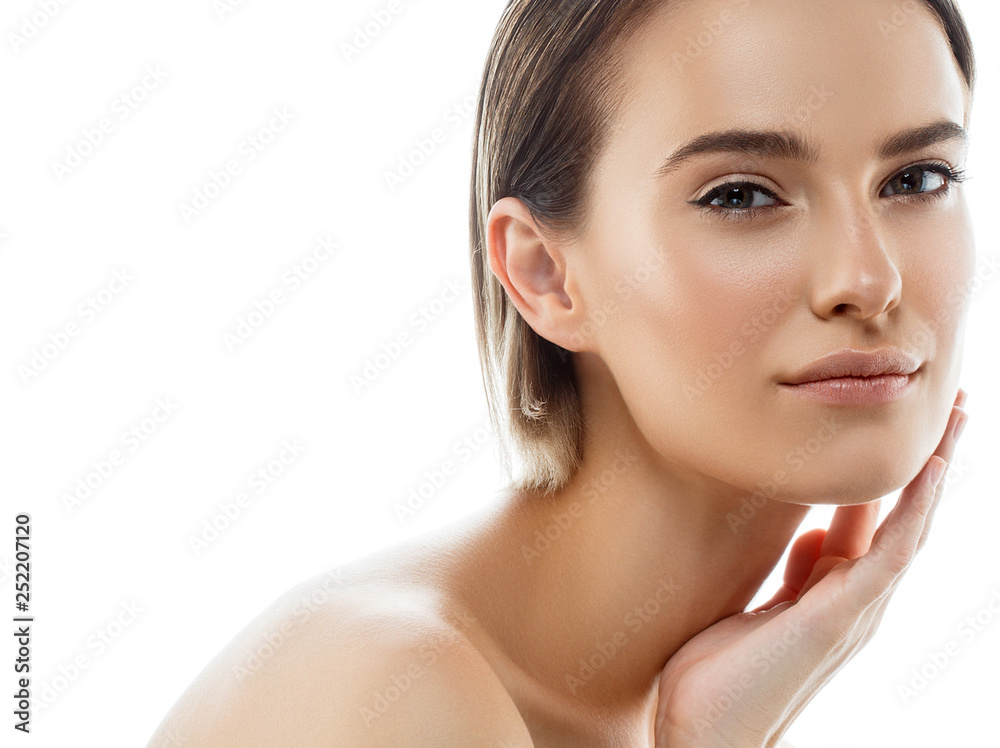 Beauty Woman face Portrait. Beautiful model Girl with Perfect Fresh Clean Skin color lips purple red. Blonde brunette short hair Youth and Skin Care Concept. Isolated on a white background Beauty Woman face Portrait. Beautiful model Girl with Perfect Fresh Clean Skin color lips purple red. Blonde brunette short hair Youth and Skin Care Concept. Isolated on a white background