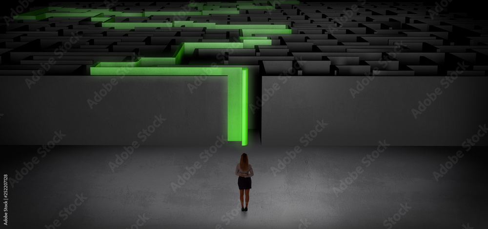 Woman getting ready to enter the dark labyrinth with stated road concept
Woman getting ready to enter the dark labyrinth with stated road concept