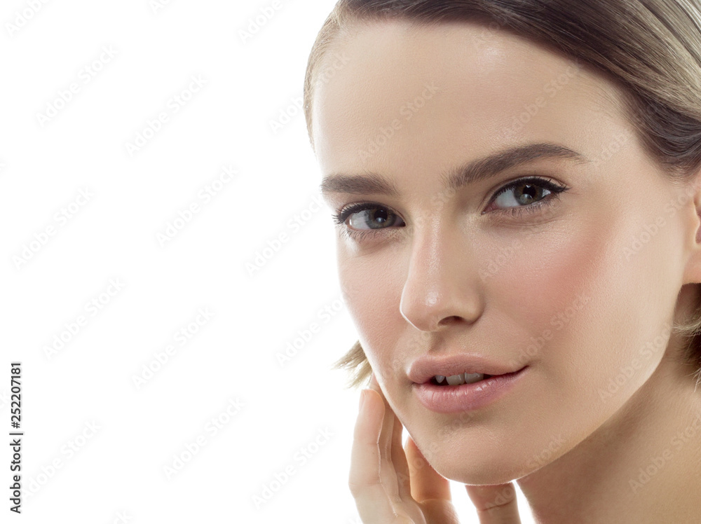 Fototapeta premium Beauty Woman face Portrait. Beautiful model Girl with Perfect Fresh Clean Skin color lips purple red. Blonde brunette short hair Youth and Skin Care Concept. Isolated on a white background