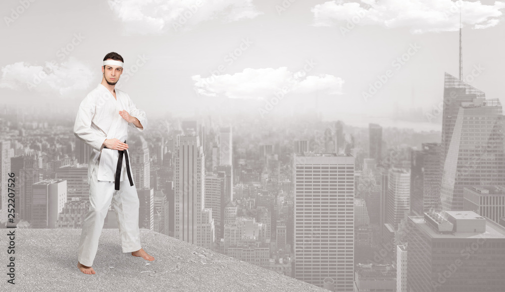 Young karate trainer doing karate tricks on the top of a metropolitan city
Young karate trainer doing karate tricks on the top of a metropolitan city
