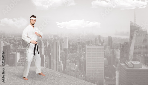 Young karate trainer doing karate tricks on the top of a metropolitan city   © ra2 studio