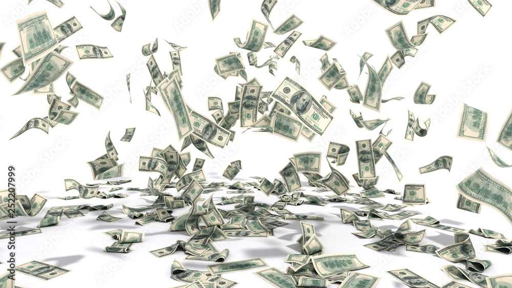 hundred dollar banknotes fall on graund on white background