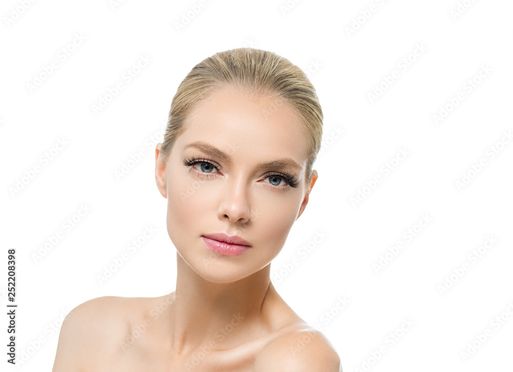 Blonde beauty young happy woman with healthy skin and beautiful hairstyle female girl model portrait isolated on white Blonde beauty young happy woman with healthy skin and beautiful hairstyle female girl model portrait isolated on white