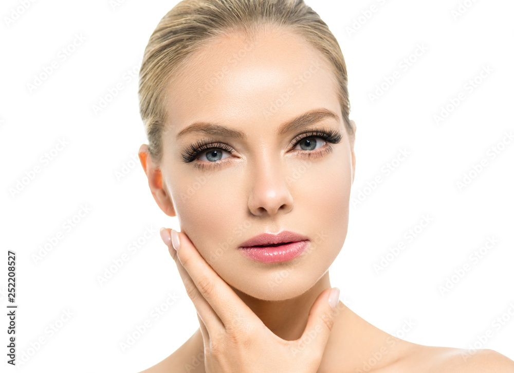 Blonde beauty young happy woman with healthy skin and beautiful hairstyle female girl model portrait isolated on white Blonde beauty young happy woman with healthy skin and beautiful hairstyle female girl model portrait isolated on white