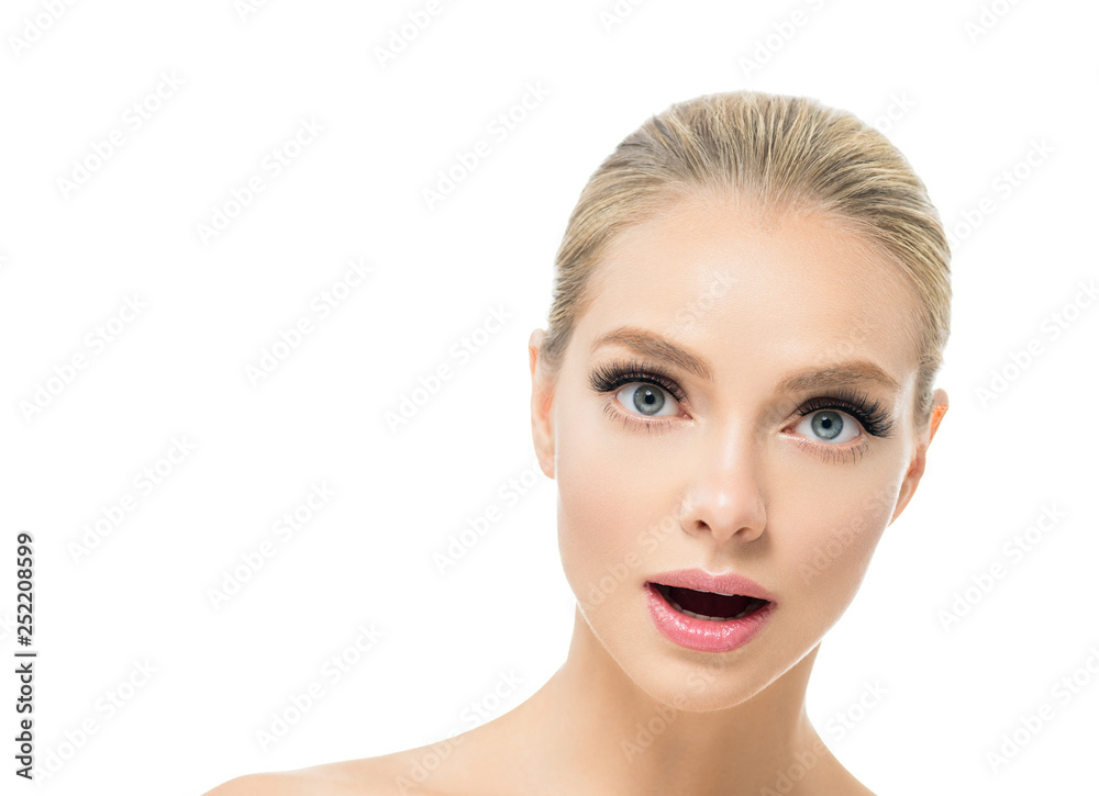 Blonde beauty young happy woman with healthy skin and beautiful hairstyle female girl model portrait isolated on white Blonde beauty young happy woman with healthy skin and beautiful hairstyle female girl model portrait isolated on white