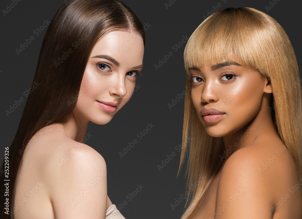 Women portrait mix races black skin and white skin female beauty Stock