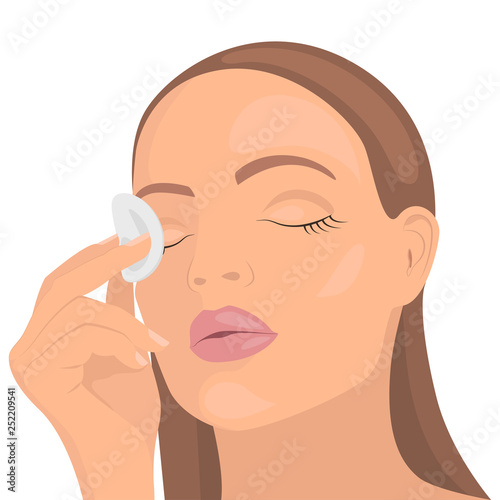 Young girl wipes the face with a cotton pad. Woman wipes makeup with a cotton pad. A girl with a cotton pad wipes her eyes. Vector illustration.