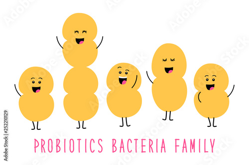 Funny probiotics bacteria family cartoon characters isolated on white, gut and intestinal flora, set in flat style