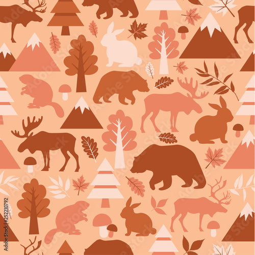 Seamless pattern with cute cartoon , elks, deers, bears, rabbits, beaver, deer, rabbits banny on peach background. Different plants. Funny forest animals. Children s illustration.