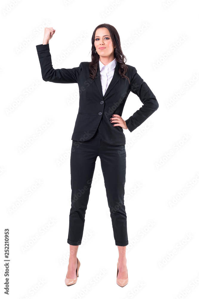 Woman power. Successful confident business woman flexing biceps arm muscle. Full body isolated on white background. Woman power. Successful confident business woman flexing biceps arm muscle. Full body isolated on white background.