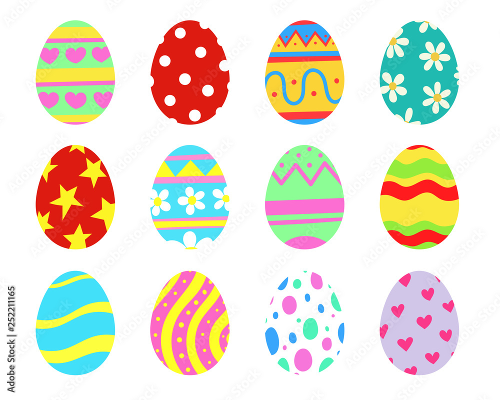 Set of 12 Easter eggs collection. Colorful decoration. Hand drawn vector illustration.