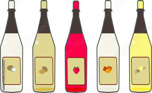 Set of objects syrups in a bottle for a cocktail, coffee, dessert. Coconut syrup, Almond, Strawberry, berry, sugar, vanilla. Syrups for drinks