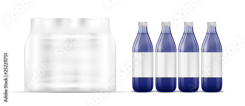 Plastic bottle packaging. Blue glass bottle
