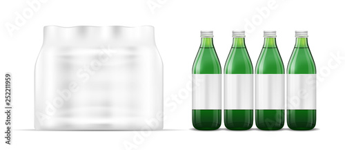 Plastic bottle packaging. Green glass bottle