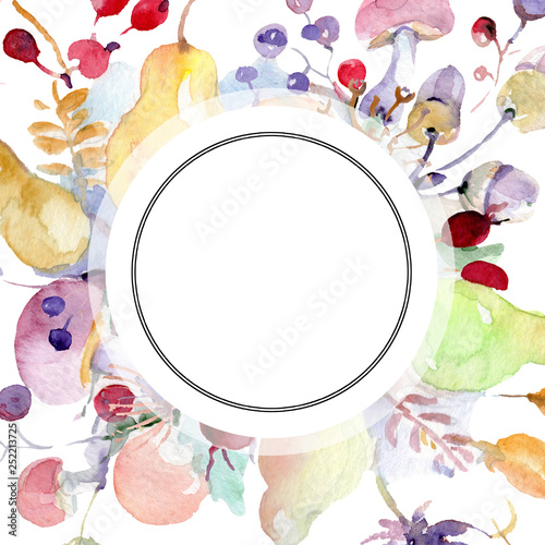 Bouquet with flowers and fruits. Watercolor background illustration set. Frame border ornament square.
