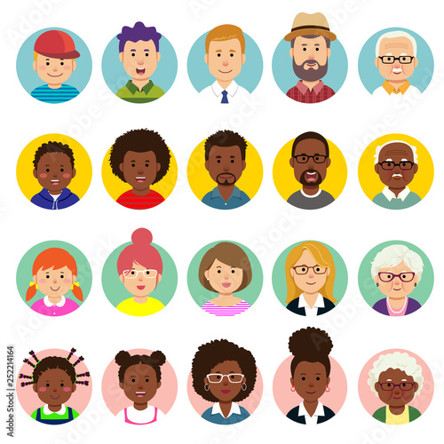 Set of human faces, avatars, people heads different nationality and ages in flat style.