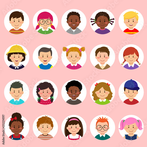 Set of kids faces, avatars, children heads different nationality in flat style.