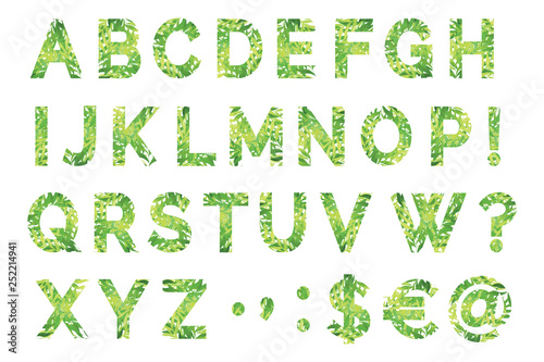 Universal green fresh latin alphabet, font for logos, badges, postcards, posters, prints white isolated
