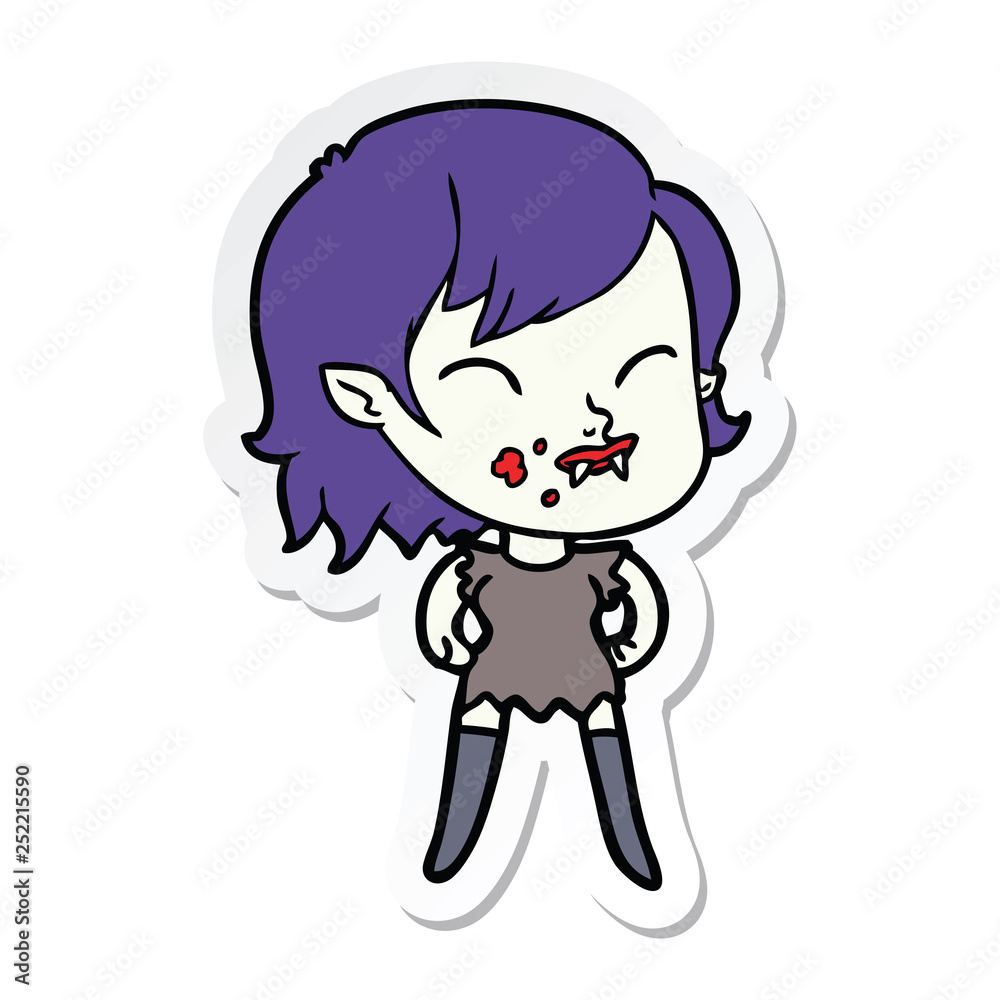 sticker of a cartoon vampire girl with blood on cheek sticker of a cartoon vampire girl with blood on cheek
