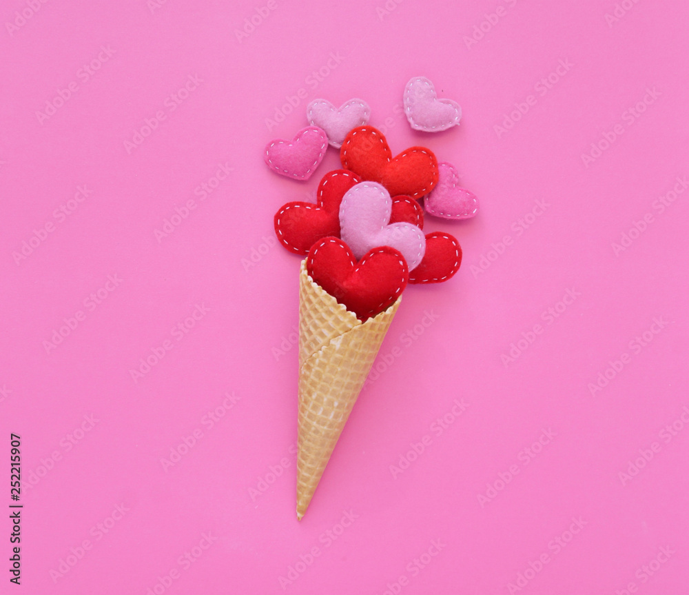 Felt heart in a waffle cup.Heart red ice cream cup waffle. Felt heart in a waffle cup.Heart red ice cream cup waffle.