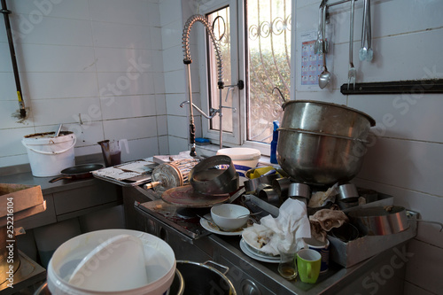 dirty restaurant kitchen view.